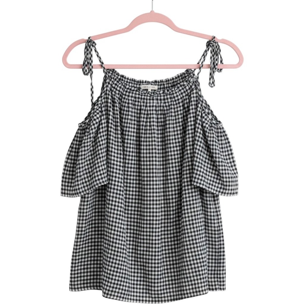 Max Studio Womens Small Black White Gingham Off Shoulder Tie Strap Top Cotton